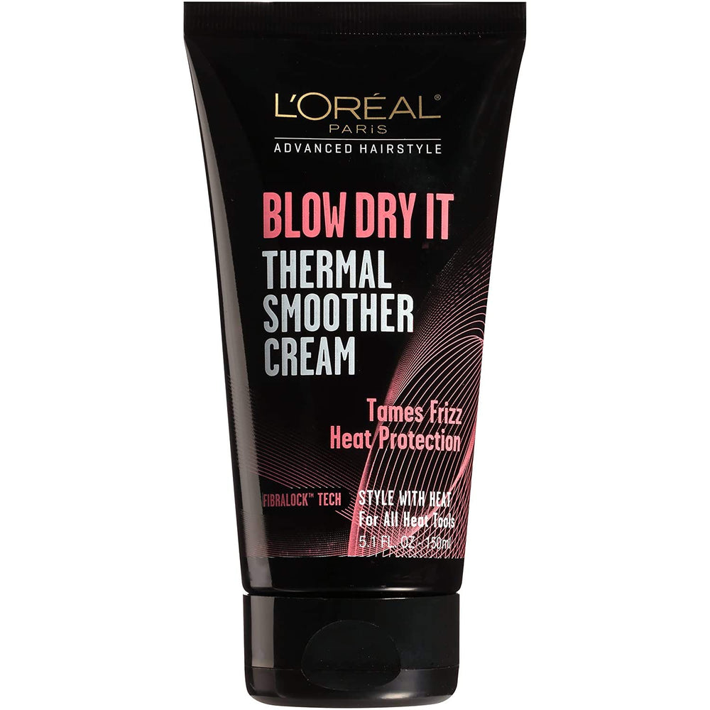 L'Oréal Paris Blow Dry It crème lissante thermique sur bouteille, protection chaleur.