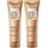 L’Oréal Paris EverPure Shampoing, bouteille abricot, douceur et hydratation pour cheveux secs.