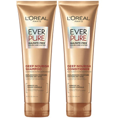 L’Oréal Paris EverPure Shampoing, bouteille abricot, douceur et hydratation pour cheveux secs.