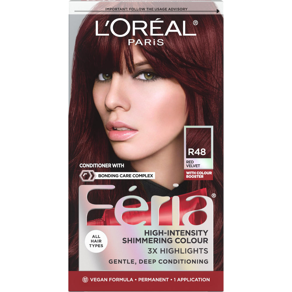 L’Oréal Paris Feria – boîte colorante teinte rouge velours profond prête à l’application.