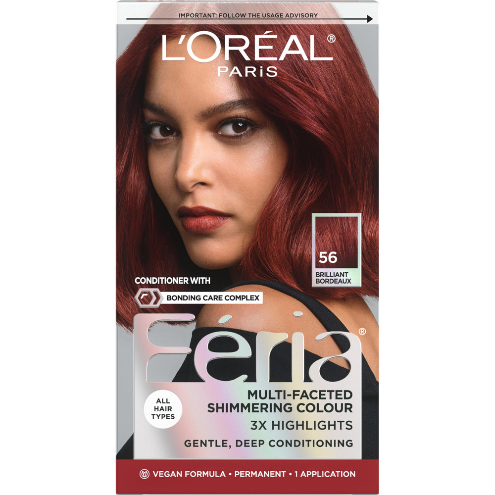 L'Oreal Paris Feria, teinte prismatique Bordeaux pour des reflets intenses et lumineux.