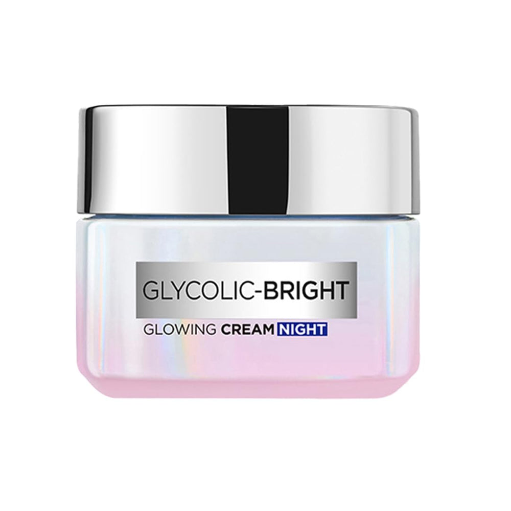 Crème de nuit Glycolic Bright de L'Oreal Paris, bouteille, teint potentiellement éclairci