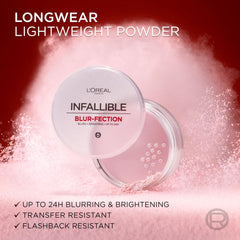 Applying L'Oreal Paris Infallible Blur-fection loose powder with puff for seamless setting