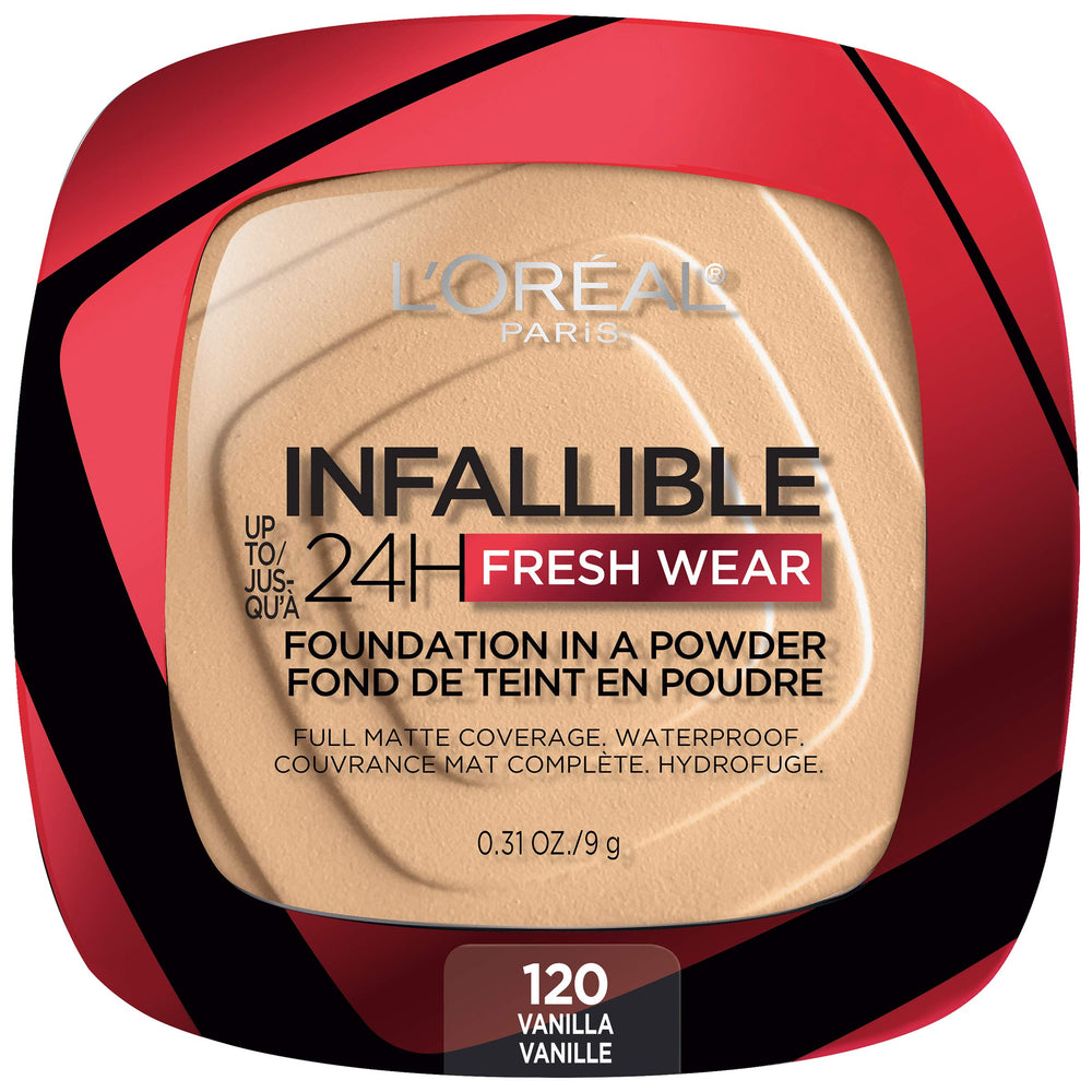 L’Oréal Paris Infallible Fresh Wear poudre teinte vanille pour une couvrance durable.