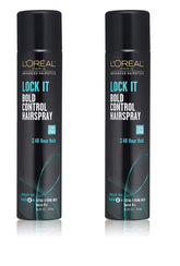 L’Oréal Paris Lock It Bold Control Hairspray, bouteille, fixation durable sans résidu.