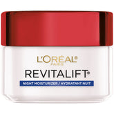 L'Oreal Paris Revitalift night cream bottle shows hydrated, nourished skin overnight