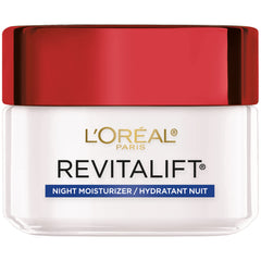 L'Oreal Paris Revitalift night cream bottle shows hydrated, nourished skin overnight