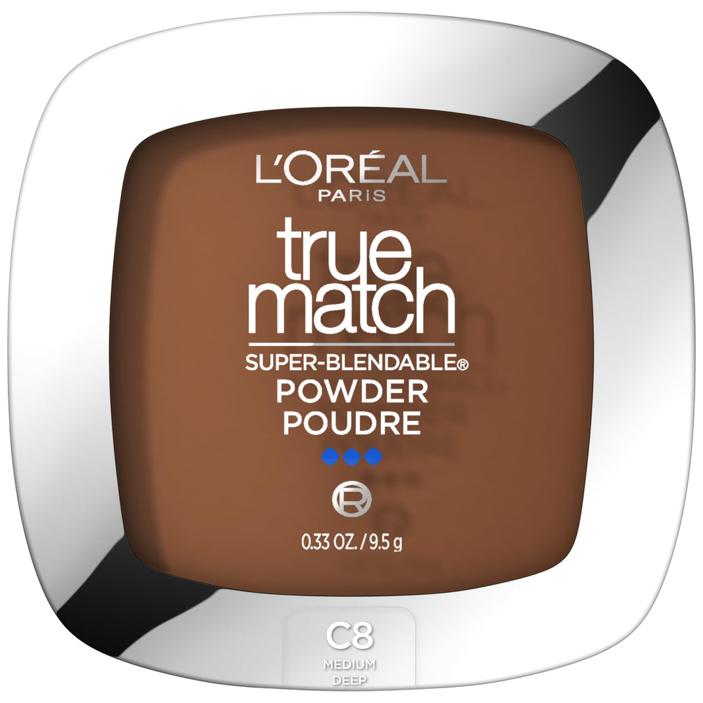 Poudre compacte True Match de L’Oréal Paris, emballage compact pratique pour retouches discrètes.