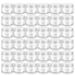 Pots Loretoy en plastique transparent avec couvercles, idéal pour cosmétiques et sels de bain.