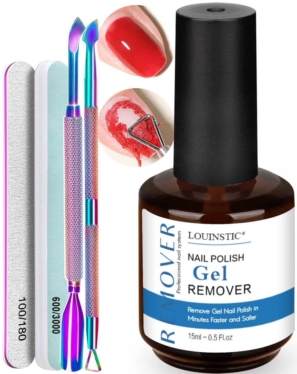 Dissolvant Gel Louinstic : bouteille 15 ml prête pour usage rapide à domicile.