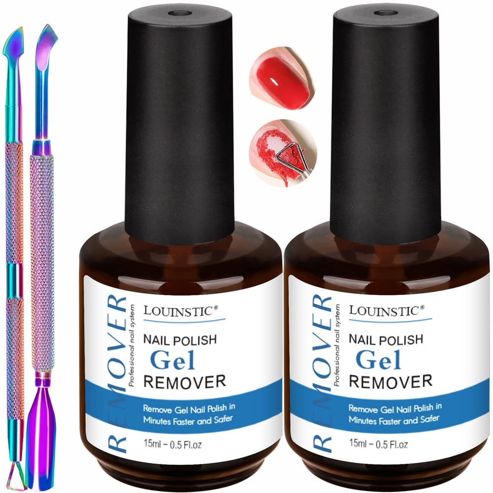 LOUINSTIC gel remover : deux bouteilles 15 ml, retrait rapide sans abîmer les ongles.