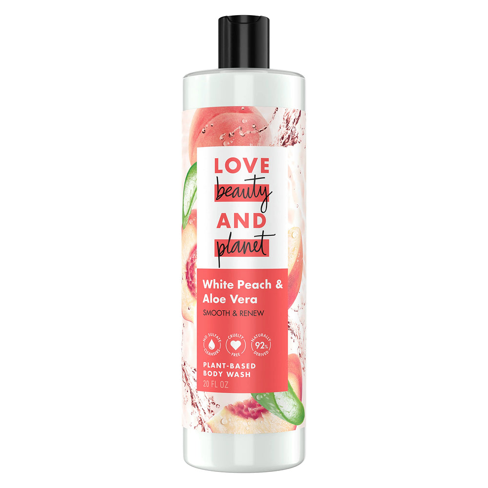 Love Beauty and Planet – bouteille douche Smooth & Renew, parfum pêche et aloe, peau douce.