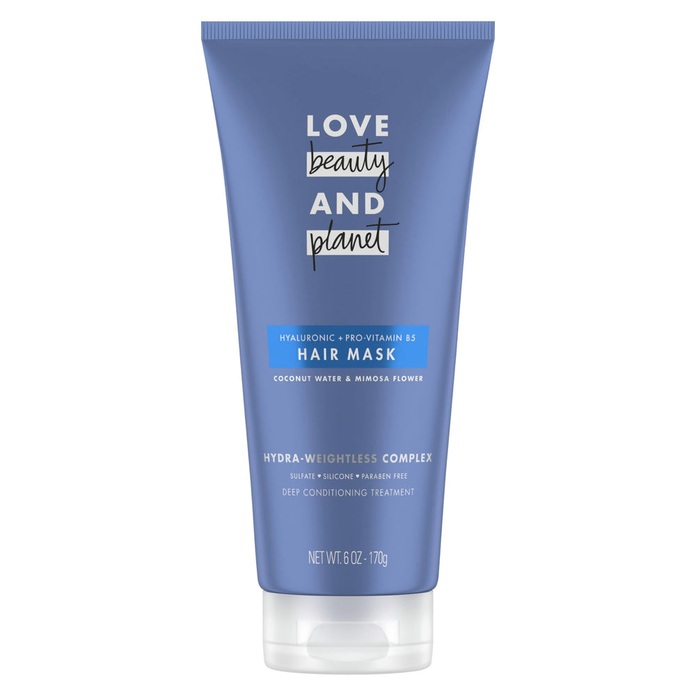Love Beauty and Planet masque cheveux hydratant coco mimosa, pot, hydrate en profondeur et démêle.