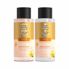 Love Beauty And Planet Shampoing Coco Ylang-Ylang sur bouteille, idéal pour cheveux secs et abîmés.