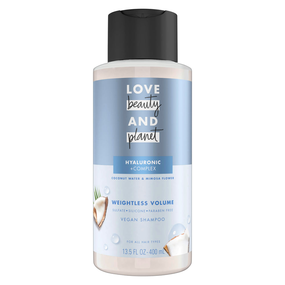Love Beauty and Planet Weightless Volume Shampoo bottle with eco-friendly packaging.