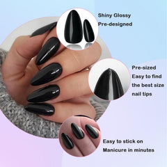 LoveOurHome boîte transparente avec les tailles d’ongles amande noirs.