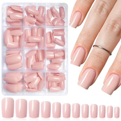 LoveOurHome onglets nude moyen carré ensemble: faux ongles prêts à porter, manucure rapide.