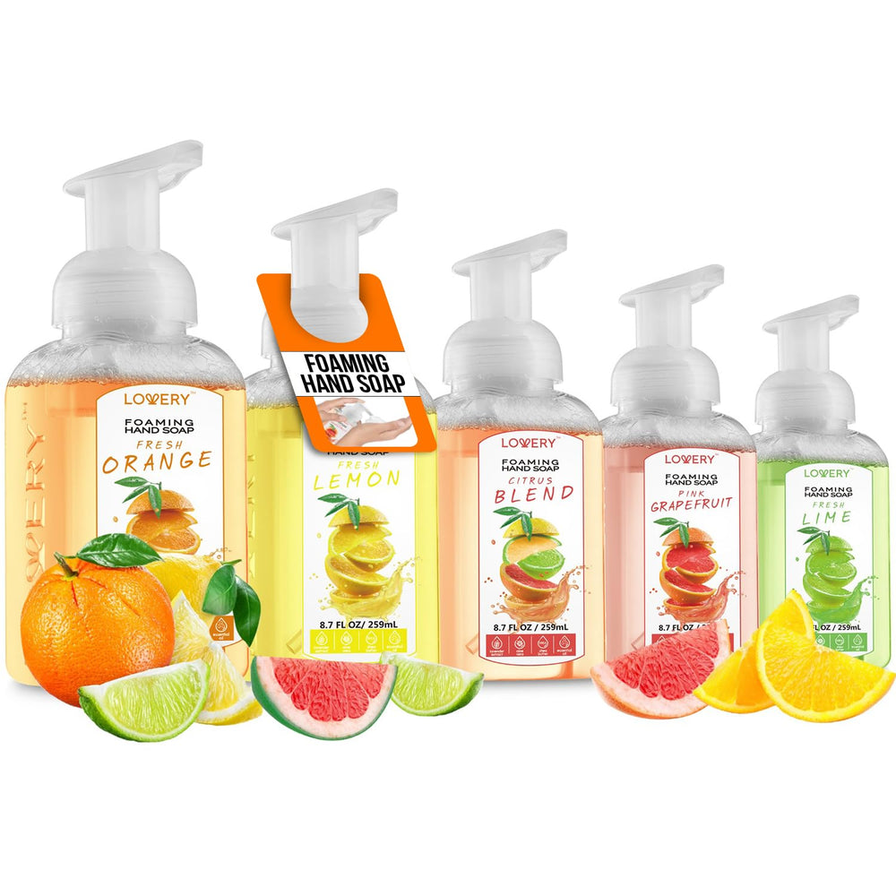 LOVERY savon moussant mains pompe agrume – hydratation légère et parfum frais.