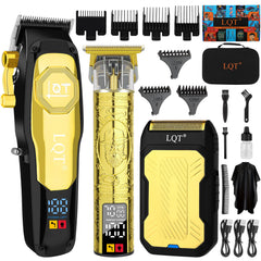 Tondeuse sans-fil LQT professionnelle dorée prête pour des coupes nettes à domicile.