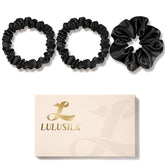 Chouchou LULUSILK en soie de mûrier noire pour dormir en douceur et protéger les cheveux.