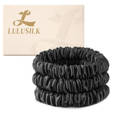 Élastiques LULUSILK en soie noire, scrunchies fins protégeant les cheveux délicats.