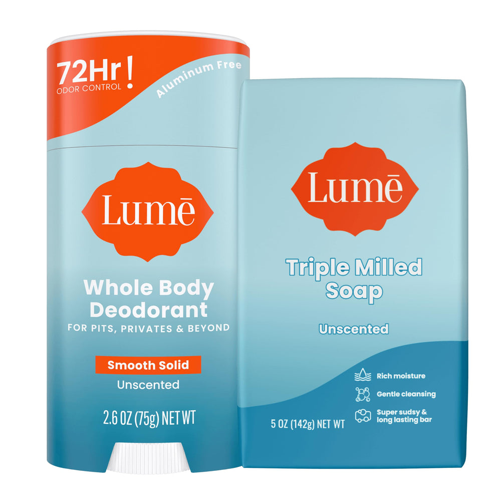 Lume deodorant stick application shows smooth glide and odor control.