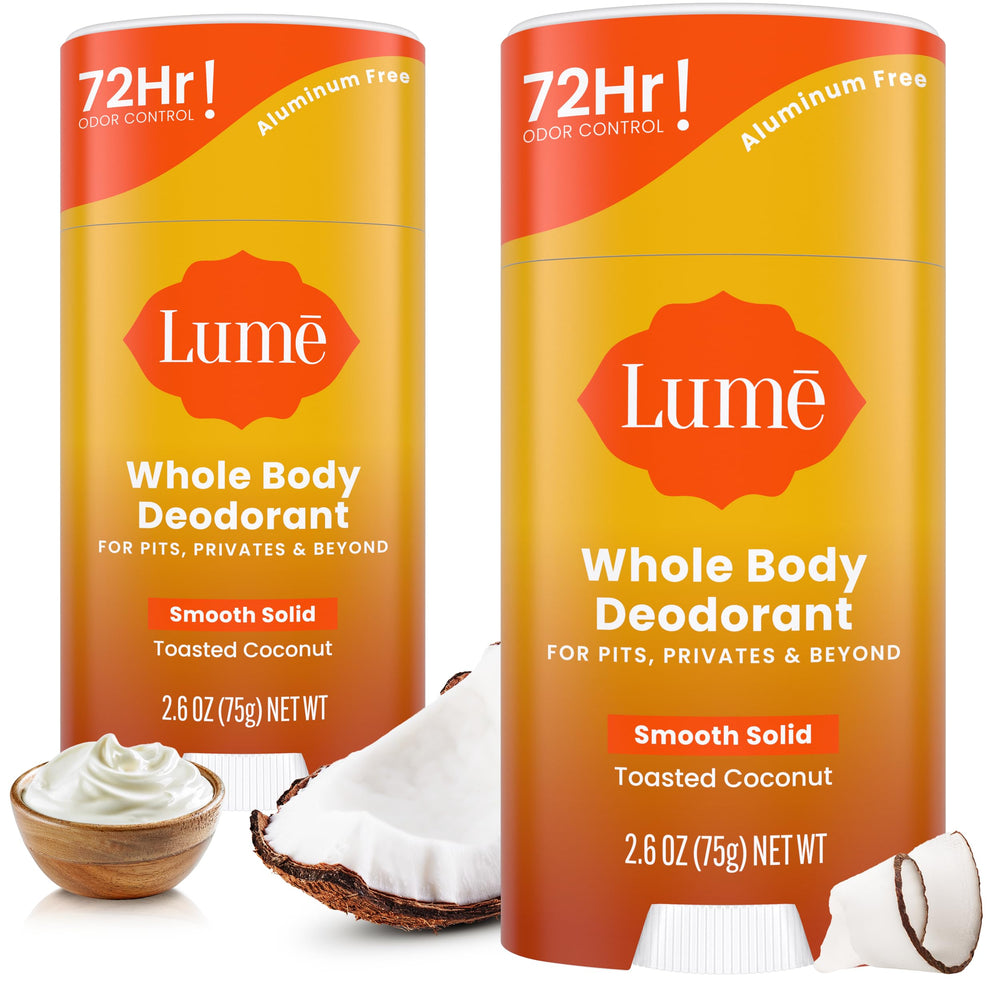 Déodorant Lume, stick lisse coco toasté offrant une sensation fraîche durable.