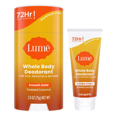 Lume Whole Body Deodorant invisible cream tube mini on underarms for all-day freshness.