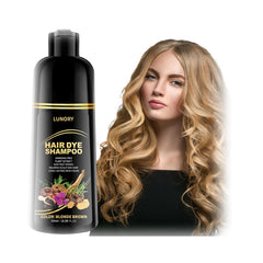 Lunory shampoing-teinte blonde-brun en bouteille, couleur durable et naturelle.