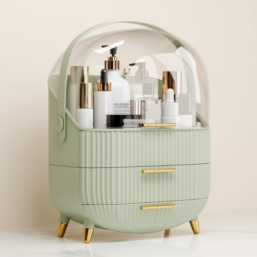 Lurcns Organisateur maquillage avec couvercle vert clair, rangement pratique pour vanity.