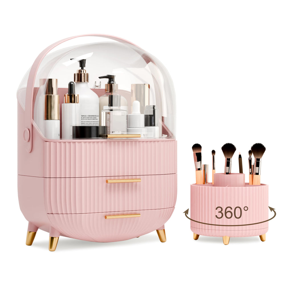 Organisateur lurcns rose avec couvercle et tiroirs, rangement maquillage pratique.