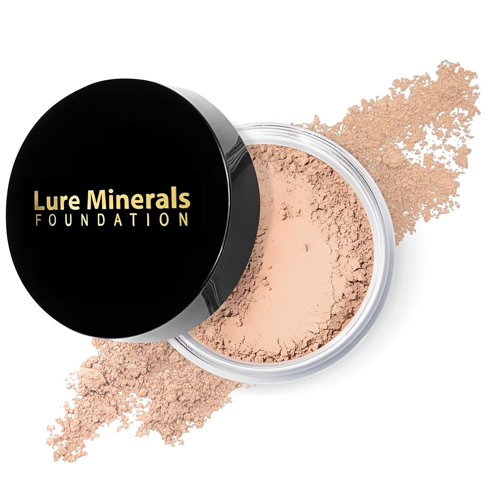 Lure Minerals Foundation loose powder jar closeup shows smooth, adjustable coverage.