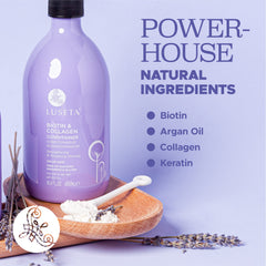 Texture crème douce de Luseta Biotine et Collagène sur cheveux sains et brillants.