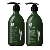 Luseta shampooing arbre à thé et argan, bouteille visible, purifie le cuir chevelu et apporte fraîcheur durable.