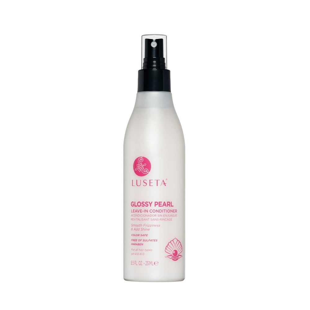 Luseta Glossy Pearl Leave-In Conditioner bottle pour adds shine and moisture.