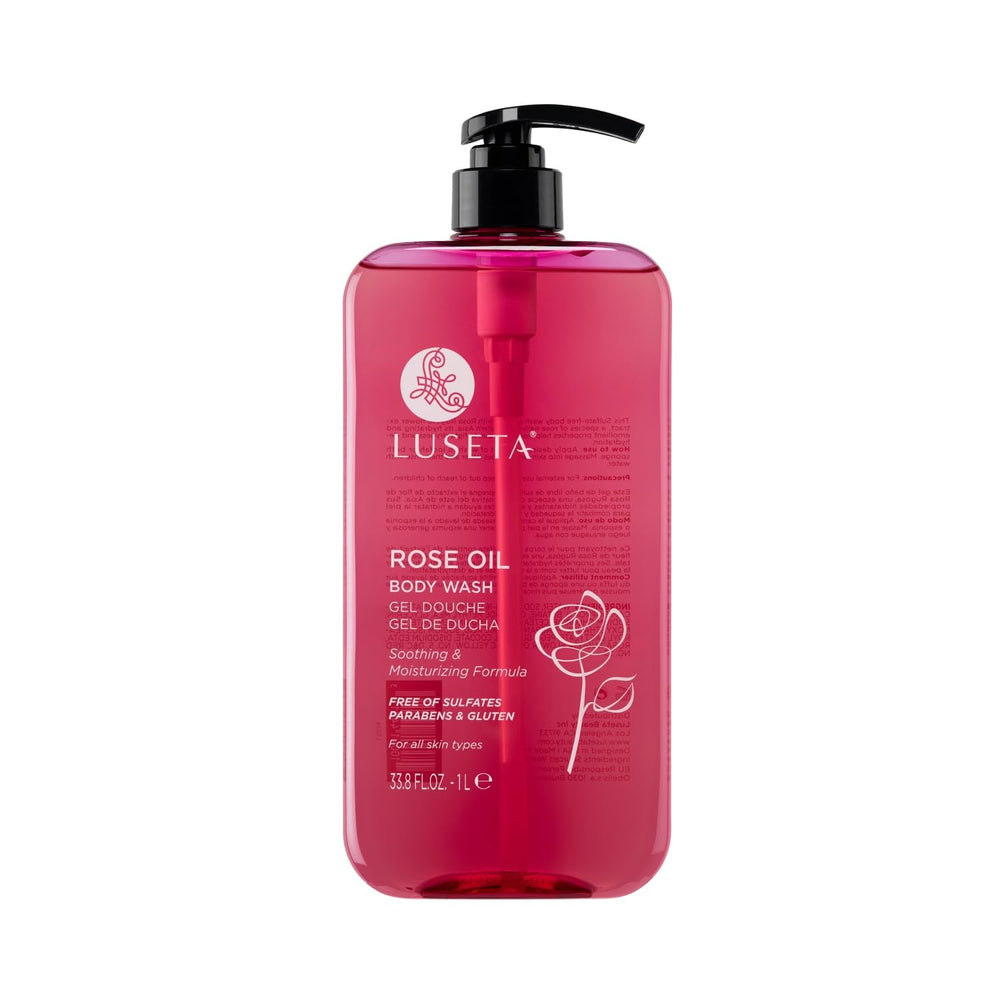 Luseta Rose Oil Body Wash bottle on a shelf for hydrating cleansing