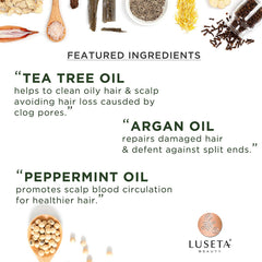 Shampoing Luseta arbre-a-the, application lisse et douceur nourrissante.