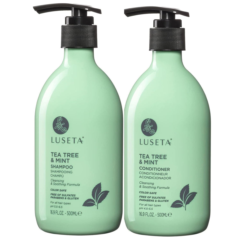 Flacon de shampooing Luseta arbre à thé et menthe, effet frais sur le cuir chevelu.