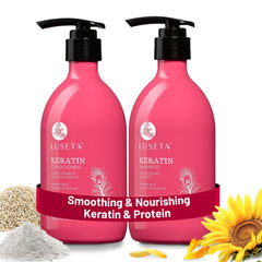 Luseta Shampoing Kératine – flacon prêt à revitaliser cheveux colorés et abîmés.
