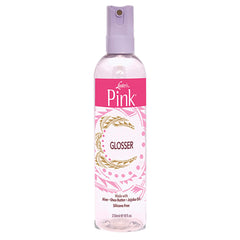 Luster's Pink Glosser — bouteille en main, facilité d'application et brillance légère des cheveux.