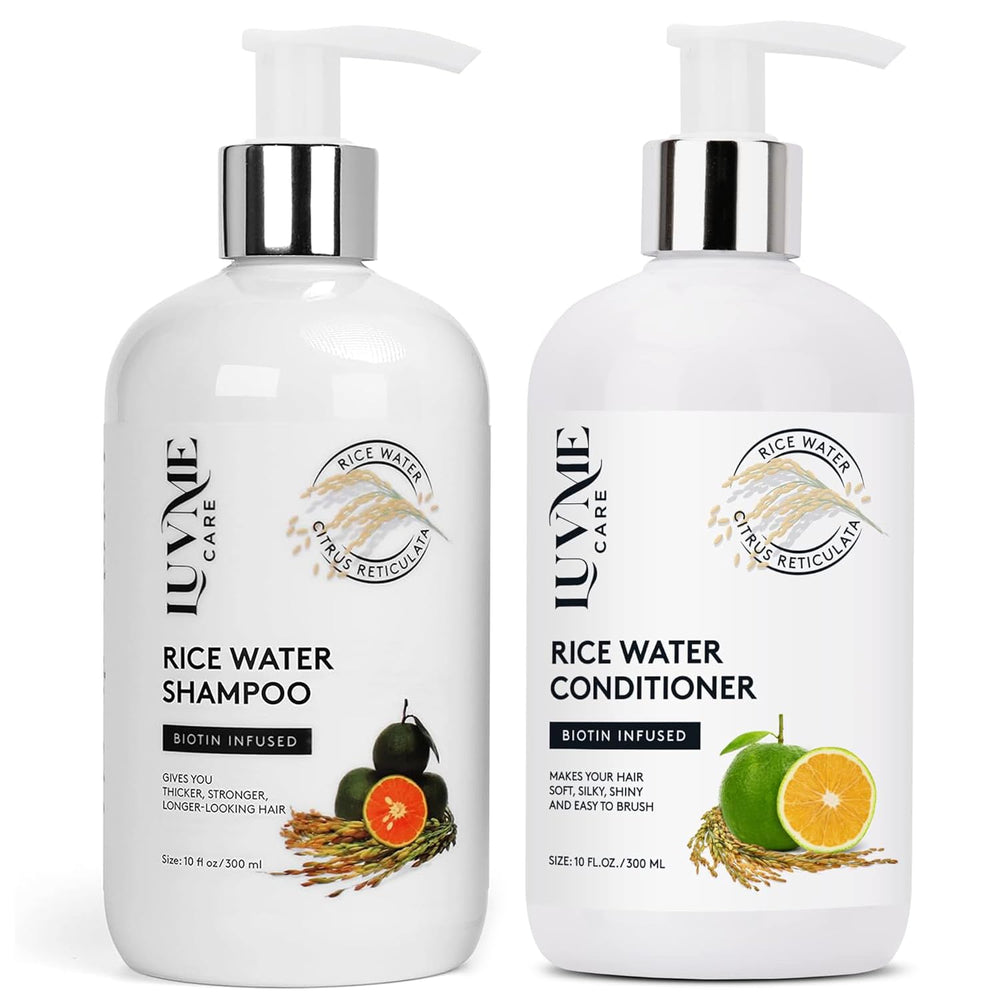 Shampooing eau de riz Luv Me Care en bouteille pour cheveux volumineux et hydratés