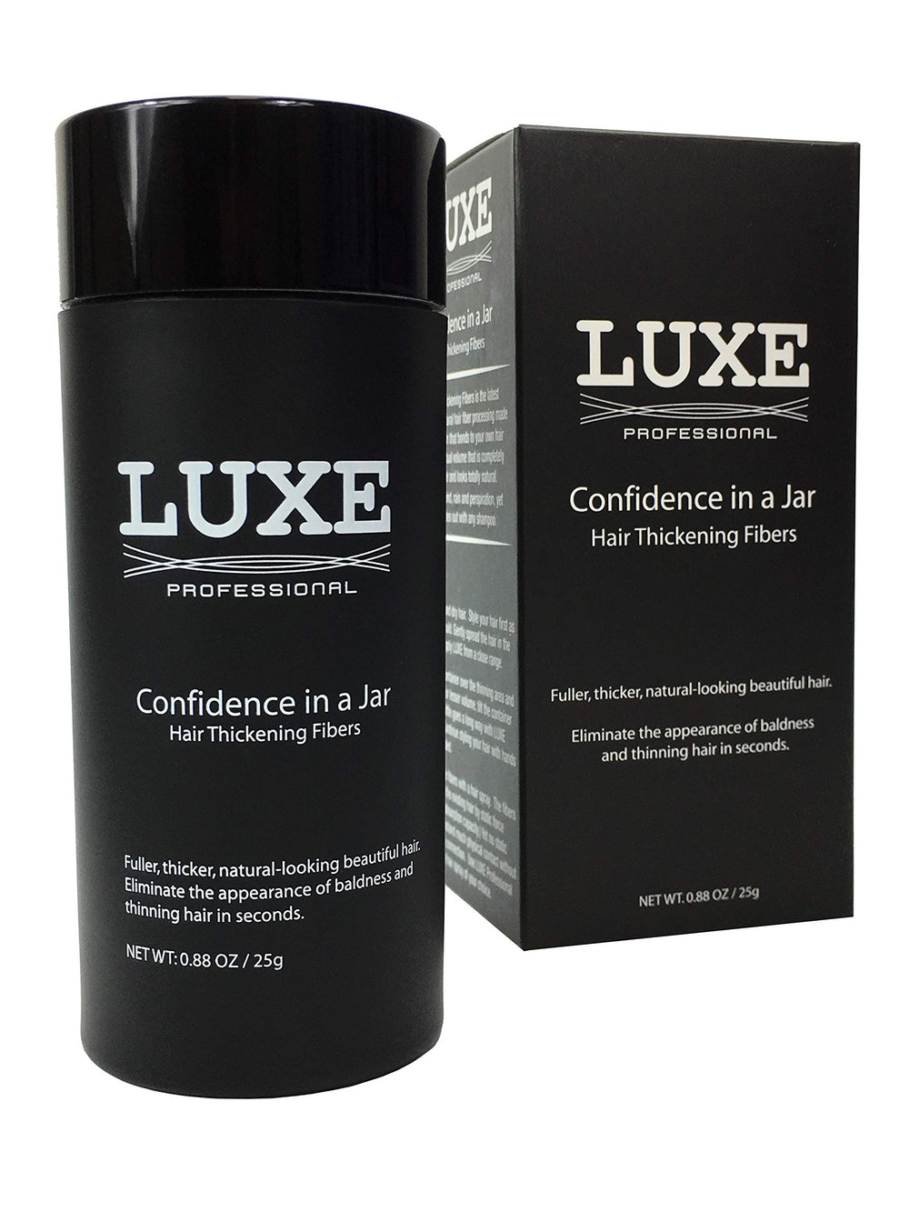 LUXE Professional Fibres cheveux volume - vue sur la bouteille et effet dense.