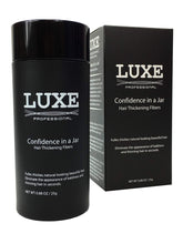 LUXE Professional Fibres cheveux volume - vue sur la bouteille et effet dense.