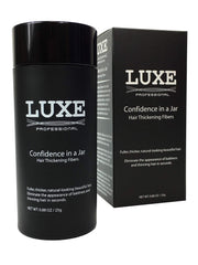 LUXE Professional Fibres cheveux volume - vue sur la bouteille et effet dense.