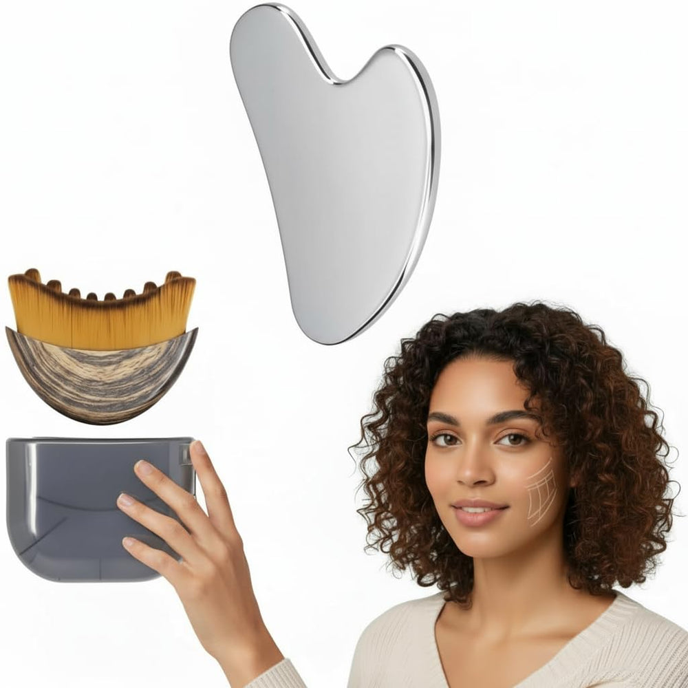 Brosse lymphatique contour du visage en acier inox et gua sha, stimulation lymphatique.
