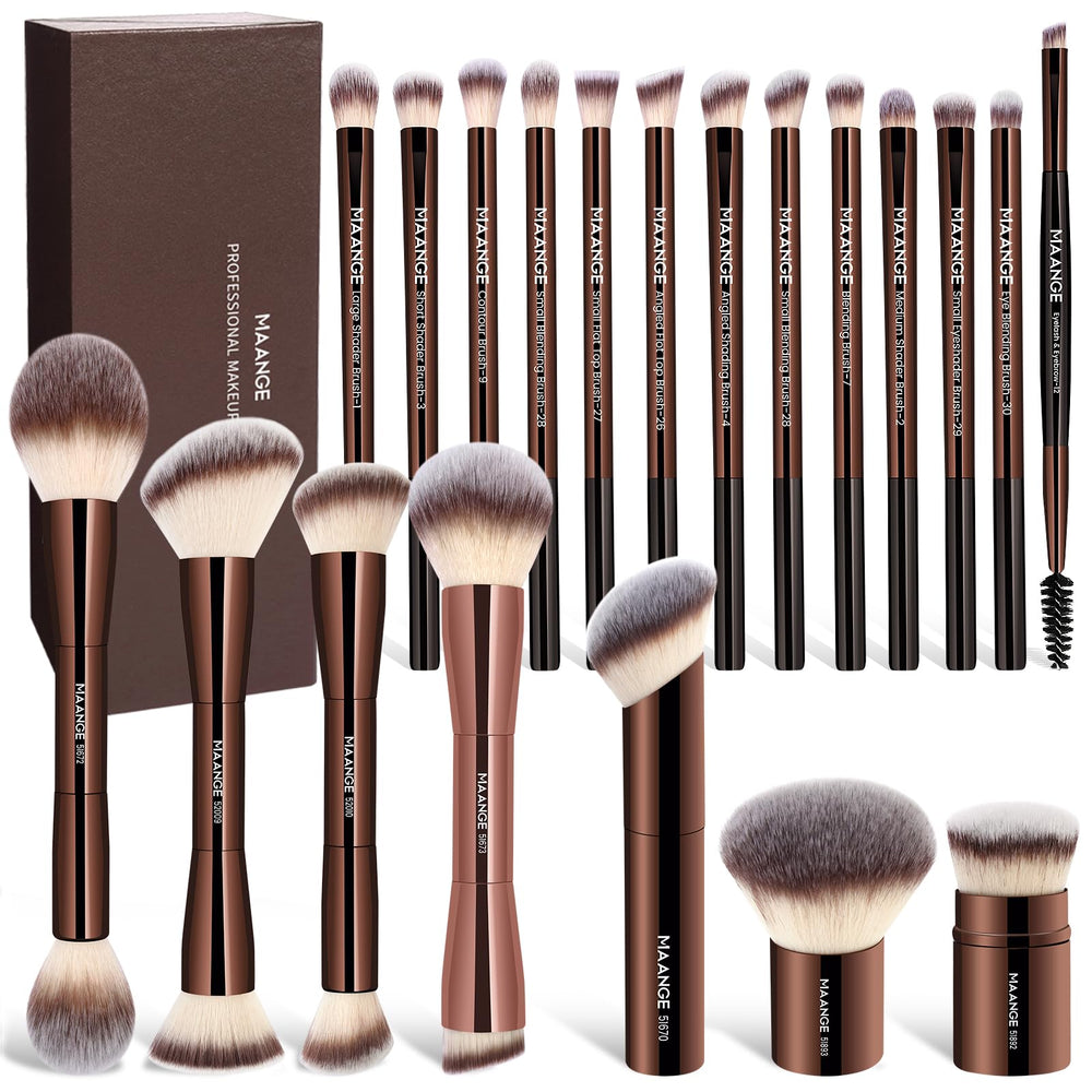 Ensemble MAANGE de 20 pinceaux maquillage dans boîte cadeau, prêt pour un usage professionnel.