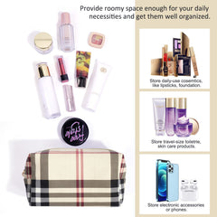 MAANGE petite pochette maquillage motif écossais kaki, idéale pour les essentiels en déplacement.