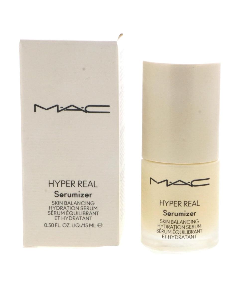 MAC Hyper Real Serumizer, bouteille élégante offrant hydratation légère et éclat naturel.