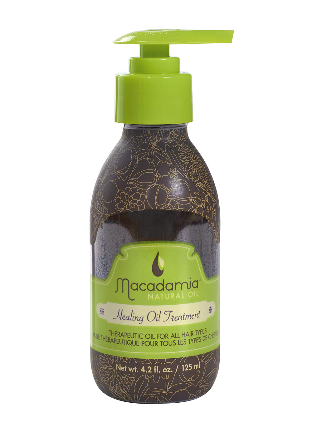 Macadamia Natural Oil, huile de soin en bouteille en verre, revitalise et nourrit tous les cheveux.