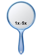 Miroir Macaki main bleu avec face double pour maquillage précis.